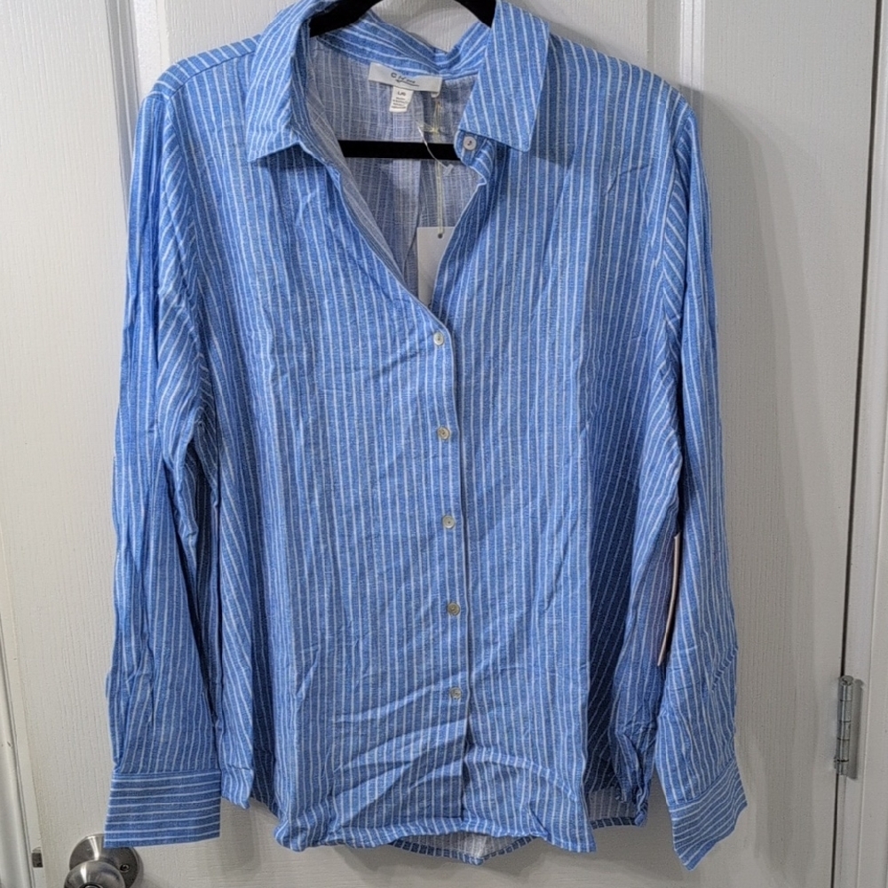 C By One Linen Button Down Button Up Shirt Blue And White Striped NWT